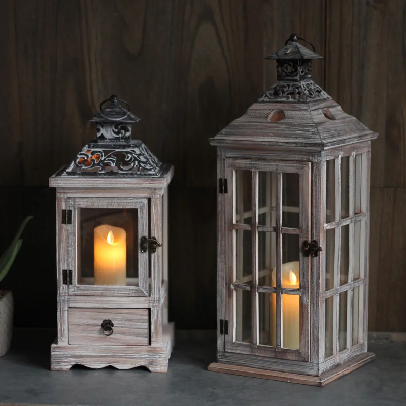 Collectible Vintage Lamps - ヴィンテージ木製ガラス風ランプ、アイアンアートフロア燭台、ヨーロピアンスタイルの装飾飾り、ダメージホースランタン