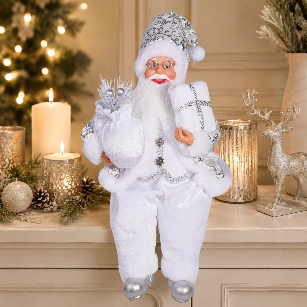 Vintage Collectible Santa - ホリデーコレクション用ホワイトサンタクロース装飾品1個 - 銀のラインが入った白いローブを着たサンタクロースの置物