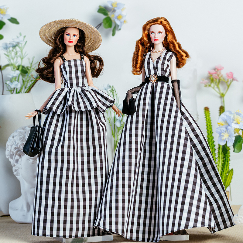 Vintage And Collectible Toys - 32 センチメートルスーパーモデル人形服スーツヨーロッパのファッションヴィンテージ黒と白のチェック柄ドレスセットプリンセスガール DIY おもちゃコレクターギフト