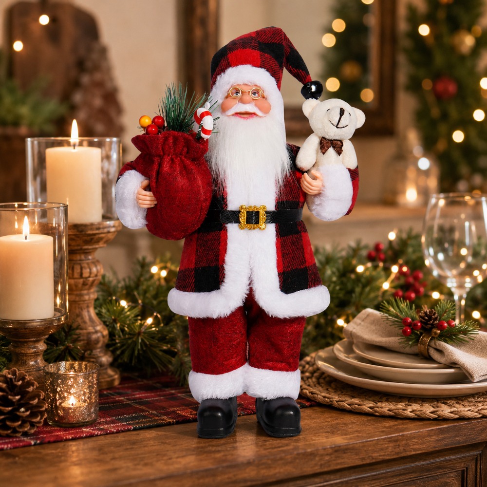 赤と黒のチェック柄のサンタ人形（コレクション用）。 クリスマ - Vintage Collectible Santa のレビューと価格