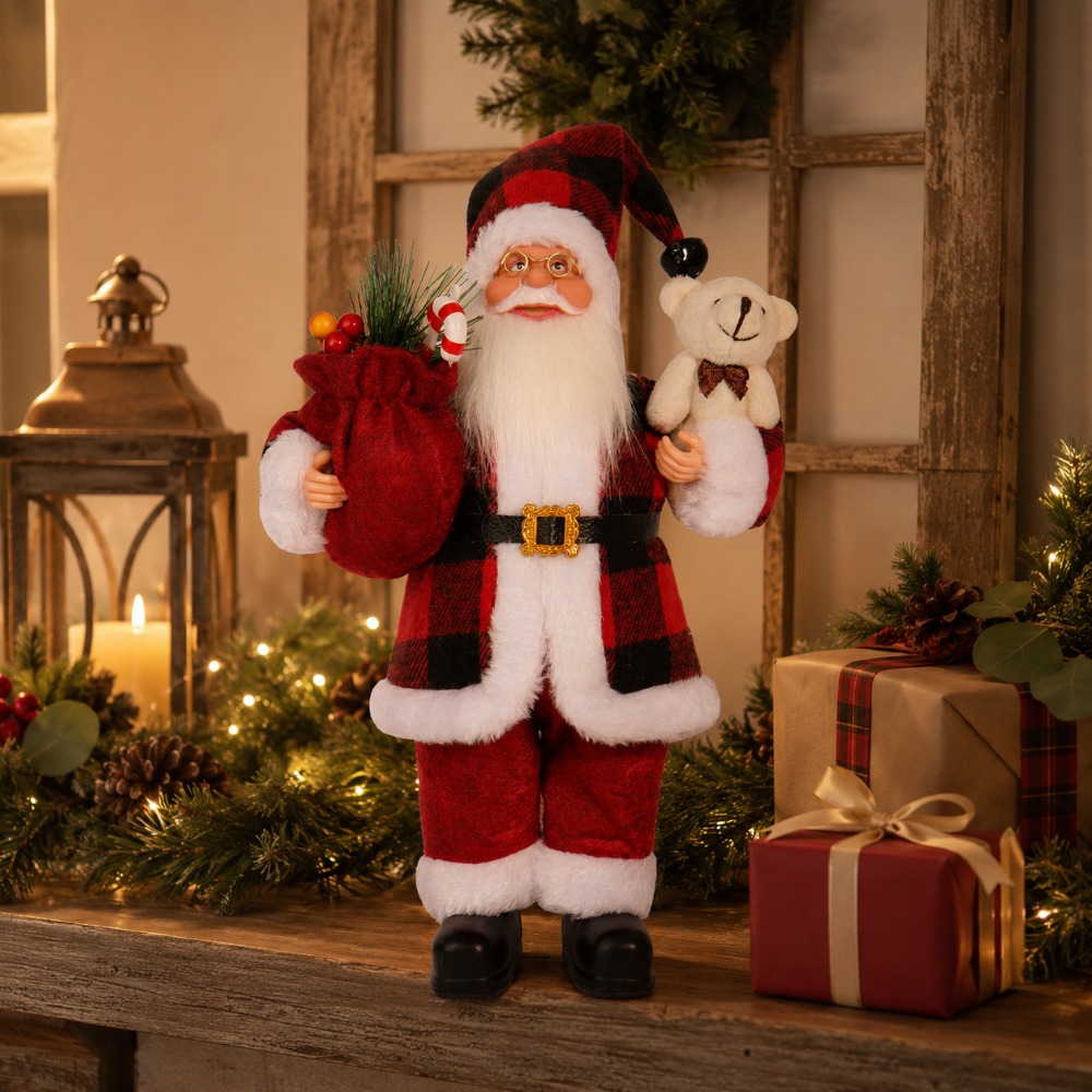 赤と黒のチェック柄のサンタ人形（コレクション用）。 クリスマ - Vintage Collectible Santa のレビューと価格